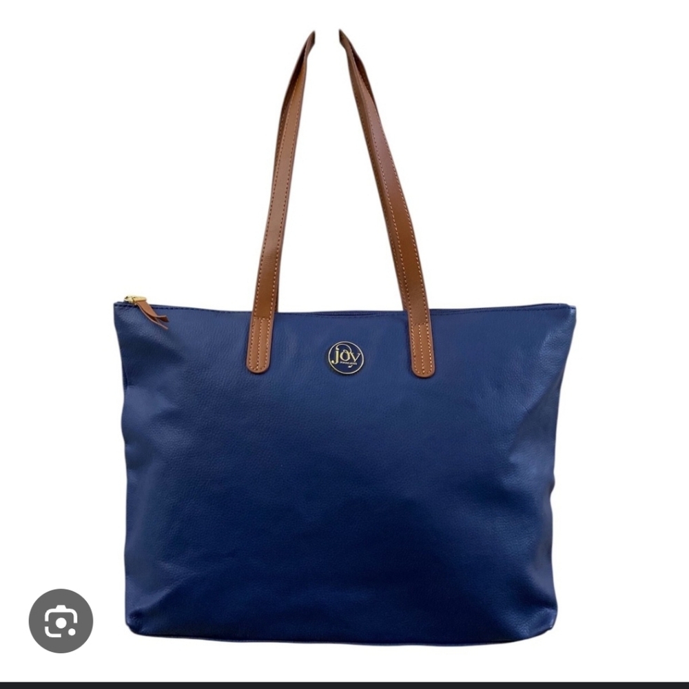 Joy Mangano Tote‎ Handbag Women 18"X12"X4" Navy Blue With Tan 100% Leather